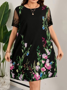 Plus Size Floral Print Dress - Flowy & Feminine with Mesh Detailing - Short Sleeve, Loose Fit for Spring & Summer - Perfect Casual Wear for Trendsetting Women