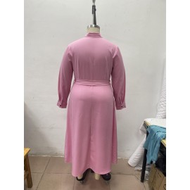 Plus Size Button Front Collared Dress, Casual Long Sleeve Belted Maxi Dress, Women's Plus Size Clothing