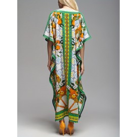 Plus Size Allover Print Coverup Dress, Vacation Batwing Sleeve Loose Beachwear Dress, Women's Plus Size Clothing