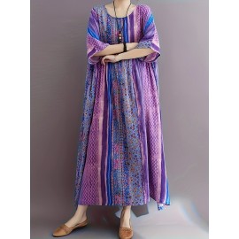 Plus Size Peplum Vacation Dress - Short Sleeve Crew Neck, Loose Fit, Cotton Blend, Patchwork Floral Print, Long Length, Pullover, Weekend Casual Wear for Summer