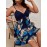 Plus Size Tropical Print Patchwork Cami Dress, Vacation Style Knot Front Sleeveless V Neck Dress For Spring & Summer, Women's Plus Size Clothing