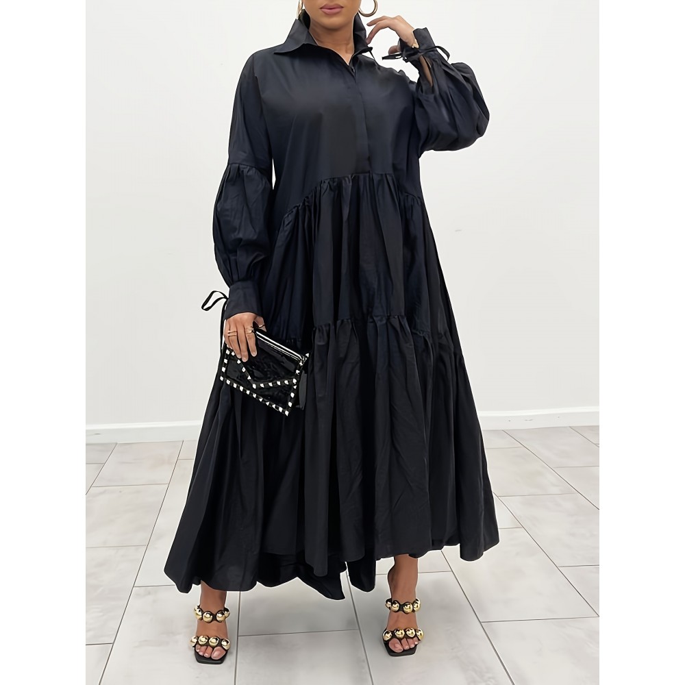 Plus Size Solid Color Collared Maxi Dress - Elegant Ruffle Hem Detailing, Comfortable Long Sleeve Design, Perfect for Casual Occasions - Suitable for Spring and Fall Seasons, Designed for Plus Size Women, Womens Clothing Collection