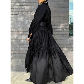 Plus Size Solid Color Collared Maxi Dress - Elegant Ruffle Hem Detailing, Comfortable Long Sleeve Design, Perfect for Casual Occasions - Suitable for Spring and Fall Seasons, Designed for Plus Size Women, Womens Clothing Collection