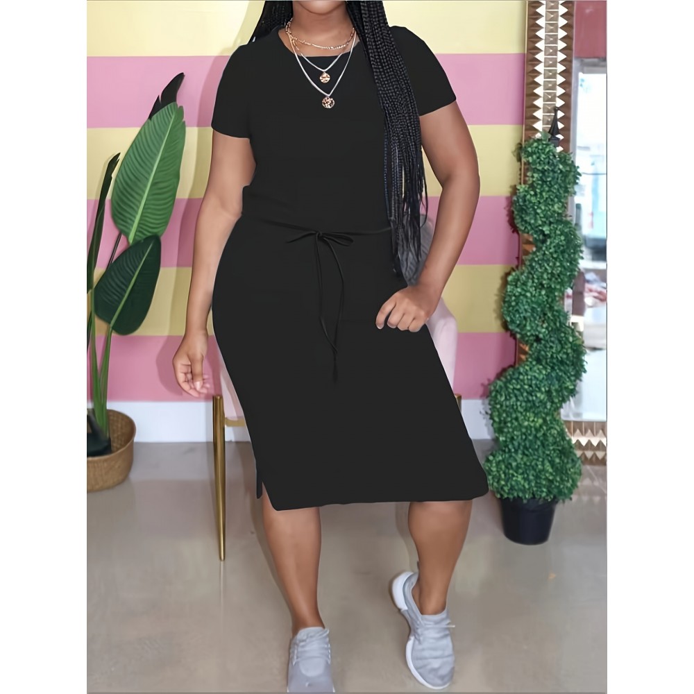 Plus Size Bodycon Crew Neck Belted Dress - Soft Medium Stretch Polyester, Casual Short Sleeve Solid Color Split Bodycon Dress for Spring & Summer - All-Season Wear, No Sheer, Knit Fabric, No Printing