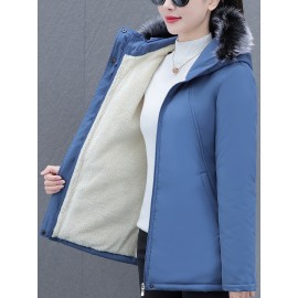 Women's Elegant Winter Coat - Thick Fleece-Lined, Hooded, Zip-Up Jacket in Solid Color