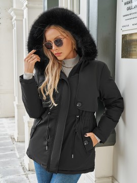 1pc Women'S Plus Size Casual Style Hooded Softshell Jacket, Polyester Fabric, Solid Color, Drawstring Detail, Regular Length, Long Sleeves for Autumn/Winter