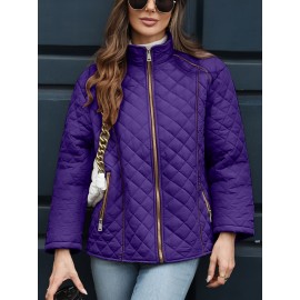 Women's Oversized Polyester Coat, Casual Hug Fit, Small Stand Collar, Long Sleeve, Zipper Closure, Autumn And Winter Warm Coat