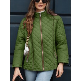 Women's Oversized Polyester Coat, Casual Hug Fit, Small Stand Collar, Long Sleeve, Zipper Closure, Autumn And Winter Warm Coat