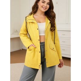 Chic Plus Size Hooded Windbreaker - Casual Solid Color, Drawstring Detail, Machine Washable - Perfect For Spring/Fall