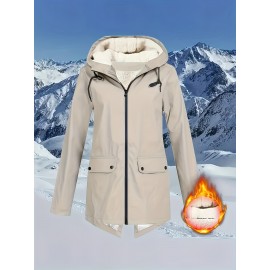 Plus Size Plush Lined Hooded Coat, Warm Long Sleeve Zipper Coat for Winter, Casual Women's Clothing