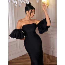 Elegant Off Shoulder Maxi Bodycon Bridesmaid Dress for Wedding Party, Plain Color Women's Clothing