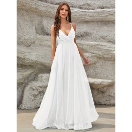 Elegant Sequined Mesh Big Swing Sleeveless Bridesmaid Dress, V-Neck Splicing Wedding Party Dress for Women