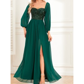 Women's Elegant Long-Sleeved Dress - Solid Color, Multi-Wear, One-Shoulder, High Slit, Tie, Fully Lined, Sequined Chiffon, Perfect for Wedding, Party, Cocktail Events