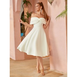 Trendy Twist Solid Color Pleated Bridesmaid Dress - Elegant Off Shoulder Backless Design for Spring & Summer, Women's Formal Wear with Flowy Silhouette and Chic Style