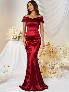 1pc MUXXN Elegant Satin Mermaid Gown for Women - Off the Shoulder Cap Sleeve Bodycon Floor-Length Dress, Solid Color Knit Fabric, All-Season Bodycon for Wedding Bridesmaid