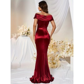 1pc MUXXN Elegant Satin Mermaid Gown for Women - Off the Shoulder Cap Sleeve Bodycon Floor-Length Dress, Solid Color Knit Fabric, All-Season Bodycon for Wedding Bridesmaid