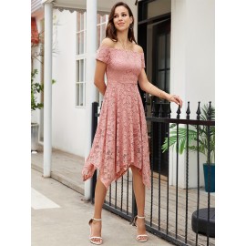 Women's Lace Cocktail Dress Hi-Lo Off Shoulder Bridesmaid Swing Formal Party Dress