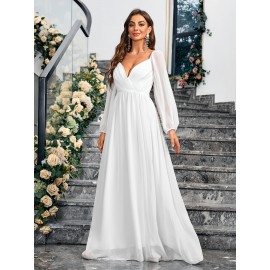 1pc Elegant White Chiffon V-Neck Fitted Wedding Dress for Mother - All-Season Solid Color Woven Gown, Perfect for Adult