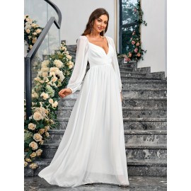 1pc Elegant White Chiffon V-Neck Fitted Wedding Dress for Mother - All-Season Solid Color Woven Gown, Perfect for Adult